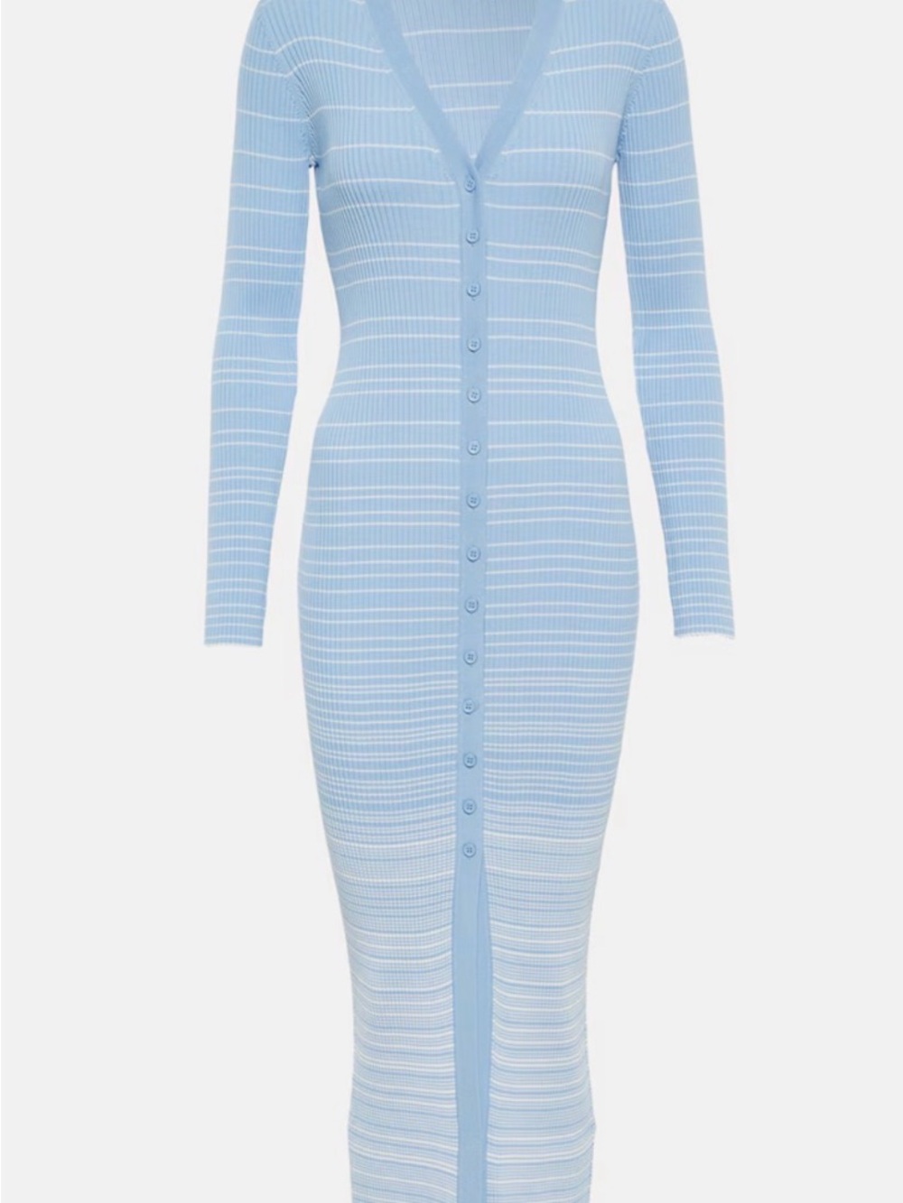STAUD Sky Blue Ribbed Button-Front Long-Sleeve Midi Dress